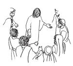 Gesù in piedi parla con la folla intorno a lui