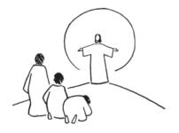 Tre discepoli si inchinano a Gesù, circondato da un'aureola